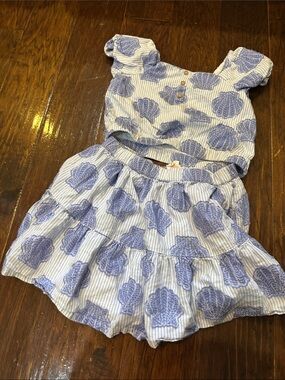 Girls Blue Floral Print Matching Set - Crop Top & Skirt